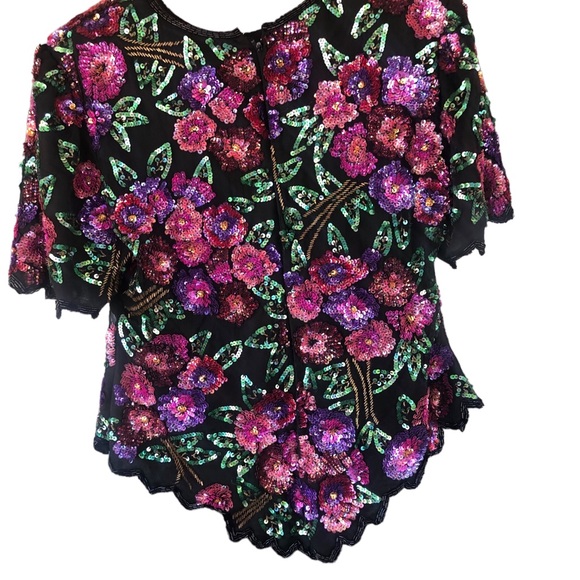 Laurence Kazar Black and Purple Floral Sequin Blouse - Picture 6 of 6